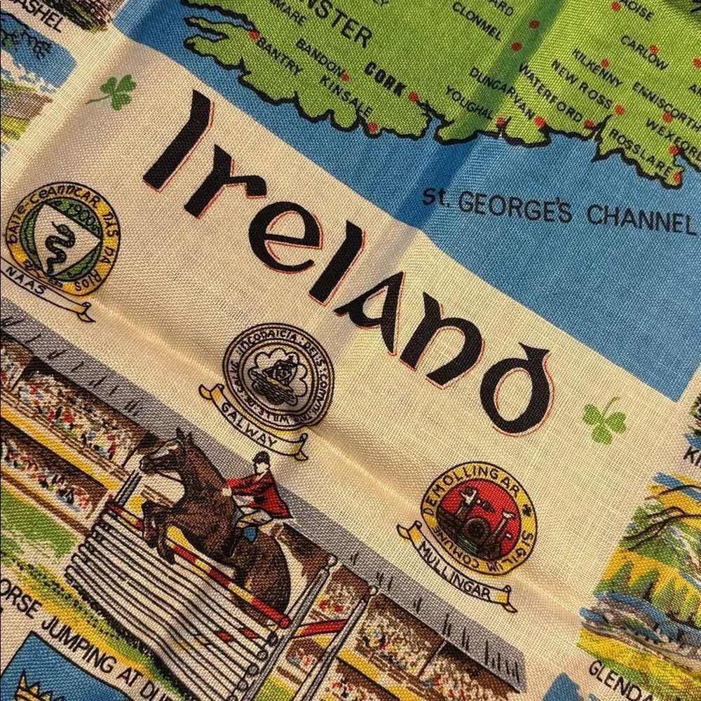Vintage Irish Linen Tea Towel featuring Ireland Map and Crests Tea Towel